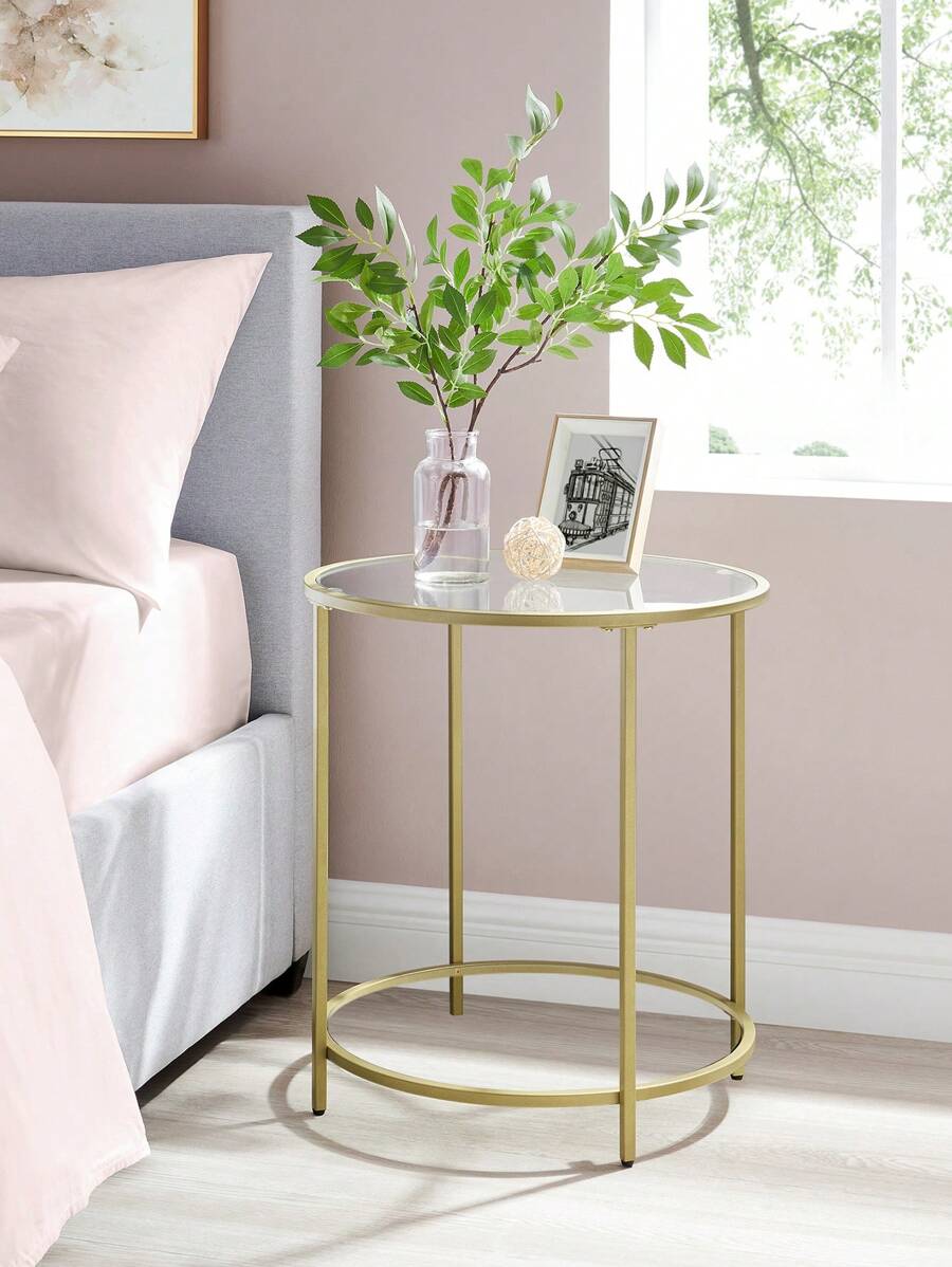 VASAGLE Round Side Table, Glass End Table With Metal Frame, Gold Coffee Table With Modern Style For Living Room, Balcony, Bedroom