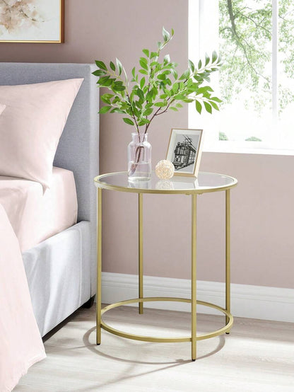 VASAGLE Round Side Table, Glass End Table With Metal Frame, Gold Coffee Table With Modern Style For Living Room, Balcony, Bedroom