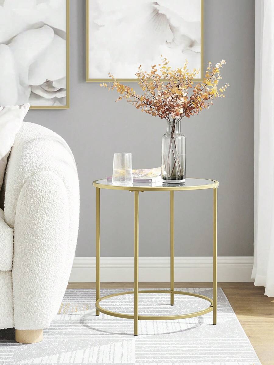 VASAGLE Round Side Table, Glass End Table With Metal Frame, Gold Coffee Table With Modern Style For Living Room, Balcony, Bedroom