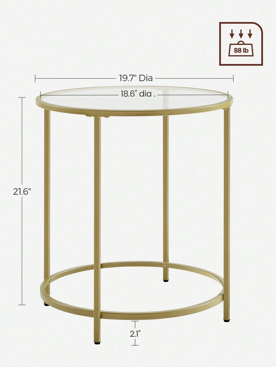 VASAGLE Round Side Table, Glass End Table With Metal Frame, Gold Coffee Table With Modern Style For Living Room, Balcony, Bedroom
