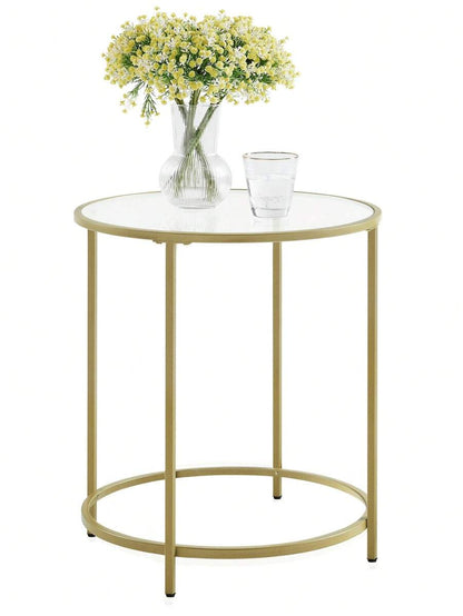 VASAGLE Round Side Table, Glass End Table With Metal Frame, Gold Coffee Table With Modern Style For Living Room, Balcony, Bedroom