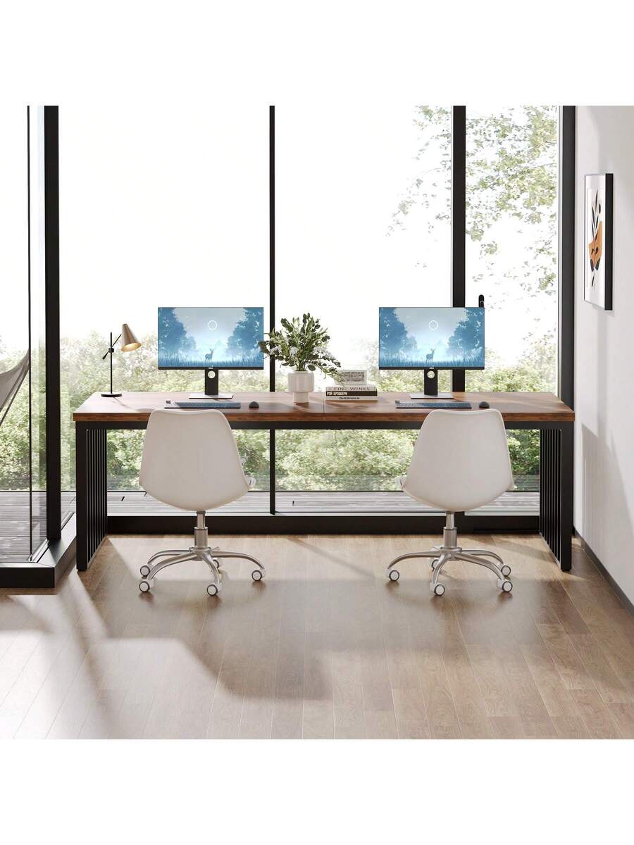 Tribesigns 78.74" Extra Long Computer Desk 2 Person Desk, Double Long Desk With Heavy Duty Metal Frame, Double Workstation Study Desk For Home Office, Brown (Without Chair)