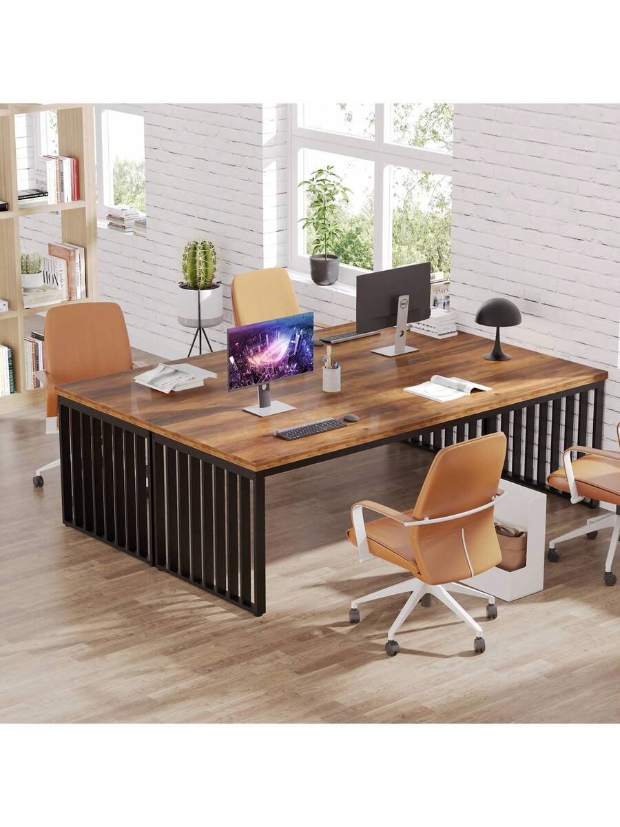 Tribesigns 78.74" Extra Long Computer Desk 2 Person Desk, Double Long Desk With Heavy Duty Metal Frame, Double Workstation Study Desk For Home Office, Brown (Without Chair)