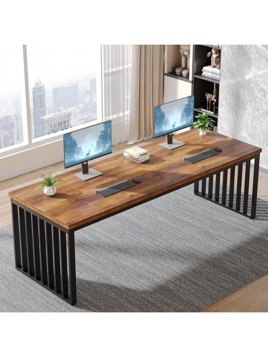 Tribesigns 78.74" Extra Long Computer Desk 2 Person Desk, Double Long Desk With Heavy Duty Metal Frame, Double Workstation Study Desk For Home Office, Brown (Without Chair)