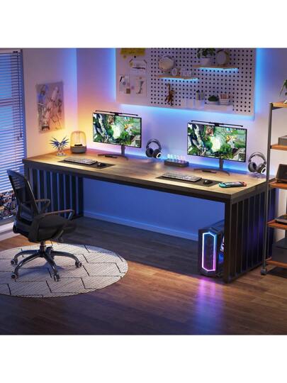 Tribesigns 78.74" Extra Long Computer Desk 2 Person Desk, Double Long Desk With Heavy Duty Metal Frame, Double Workstation Study Desk For Home Office, Brown (Without Chair)
