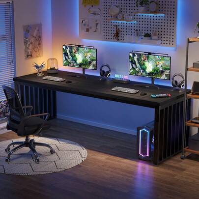 Tribesigns 78.74" Extra Long Computer Desk 2 Person Desk, Double Long Desk With Heavy Duty Metal Frame, Double Workstation Study Desk For Home Office, Brown (Without Chair)