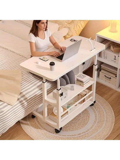 White/Multifunctional Desk On Wheels - Height-Adjustable Rolling Desk With Storage Shelves, Space-Saving Wood And Metal Frame, Compact Fiberboard Desktop For Home Office, Bedroom, Living Room, Sofa, Study