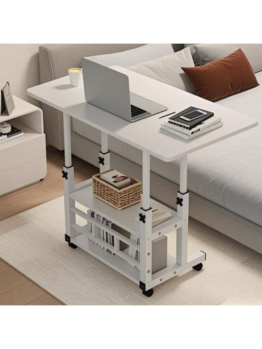 White/Multifunctional Desk On Wheels - Height-Adjustable Rolling Desk With Storage Shelves, Space-Saving Wood And Metal Frame, Compact Fiberboard Desktop For Home Office, Bedroom, Living Room, Sofa, Study