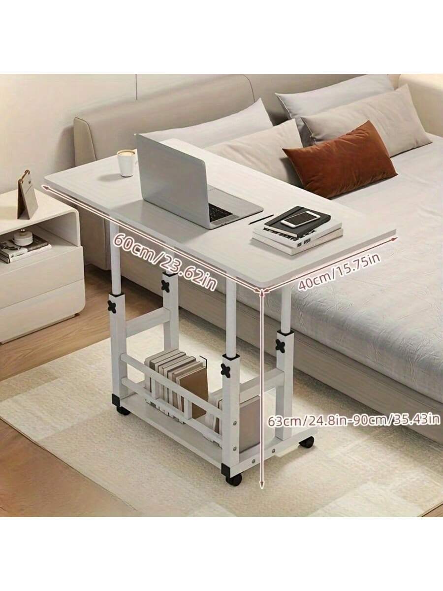 White/Multifunctional Desk On Wheels - Height-Adjustable Rolling Desk With Storage Shelves, Space-Saving Wood And Metal Frame, Compact Fiberboard Desktop For Home Office, Bedroom, Living Room, Sofa, Study