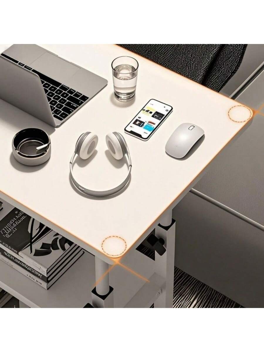 White/Multifunctional Desk On Wheels - Height-Adjustable Rolling Desk With Storage Shelves, Space-Saving Wood And Metal Frame, Compact Fiberboard Desktop For Home Office, Bedroom, Living Room, Sofa, Study