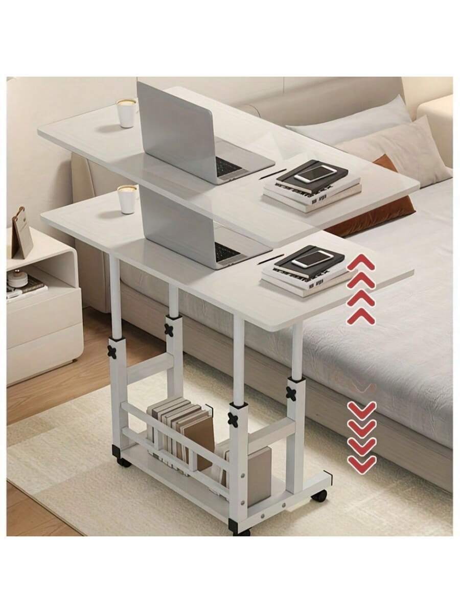 White/Multifunctional Desk On Wheels - Height-Adjustable Rolling Desk With Storage Shelves, Space-Saving Wood And Metal Frame, Compact Fiberboard Desktop For Home Office, Bedroom, Living Room, Sofa, Study