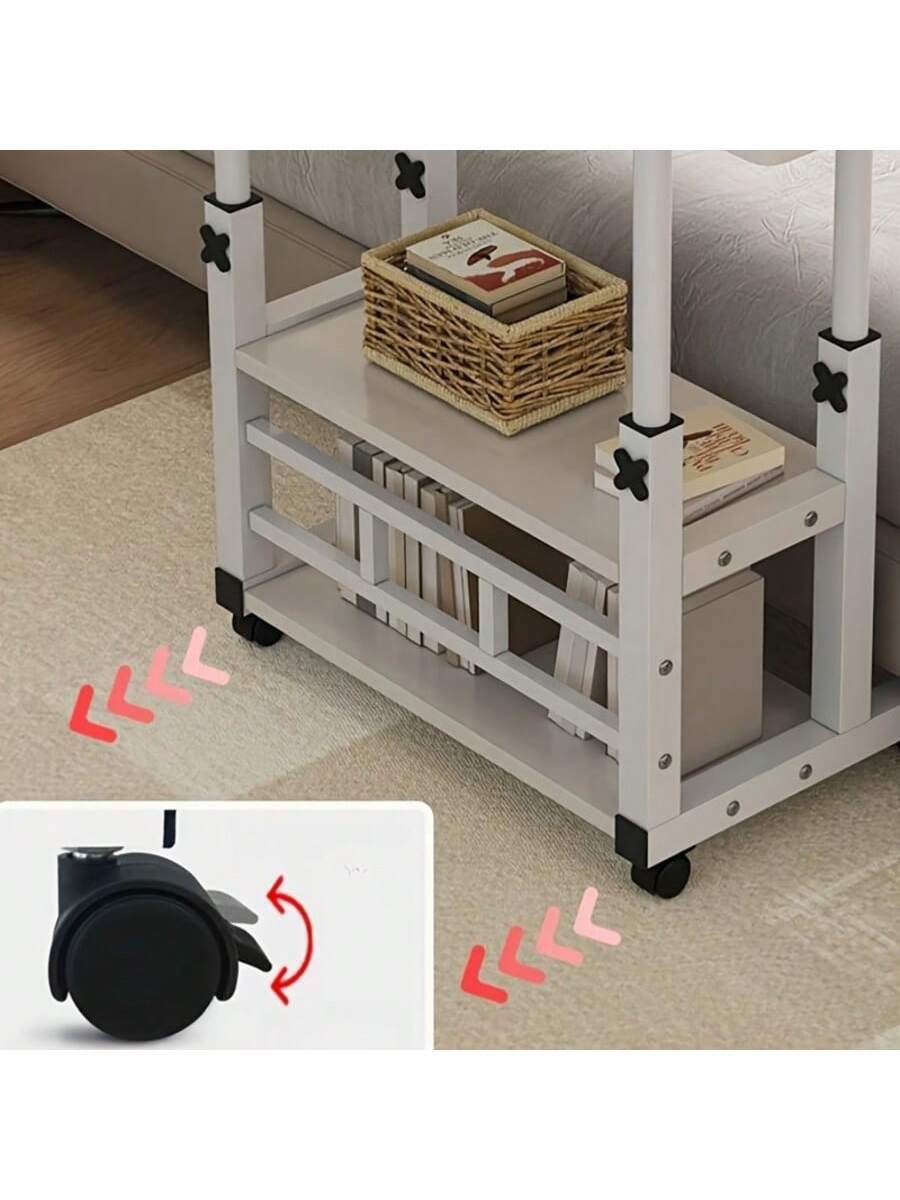 White/Multifunctional Desk On Wheels - Height-Adjustable Rolling Desk With Storage Shelves, Space-Saving Wood And Metal Frame, Compact Fiberboard Desktop For Home Office, Bedroom, Living Room, Sofa, Study