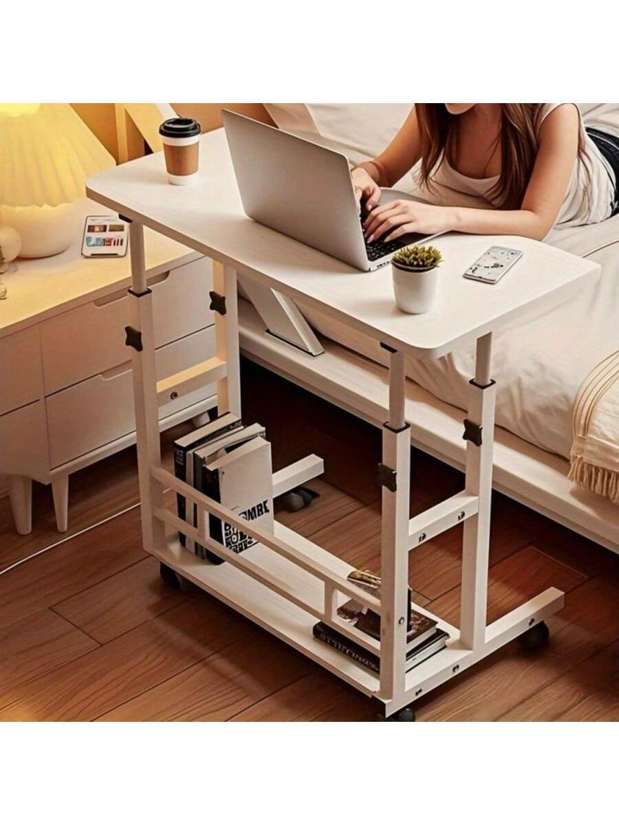 White/Multifunctional Desk On Wheels - Height-Adjustable Rolling Desk With Storage Shelves, Space-Saving Wood And Metal Frame, Compact Fiberboard Desktop For Home Office, Bedroom, Living Room, Sofa, Study