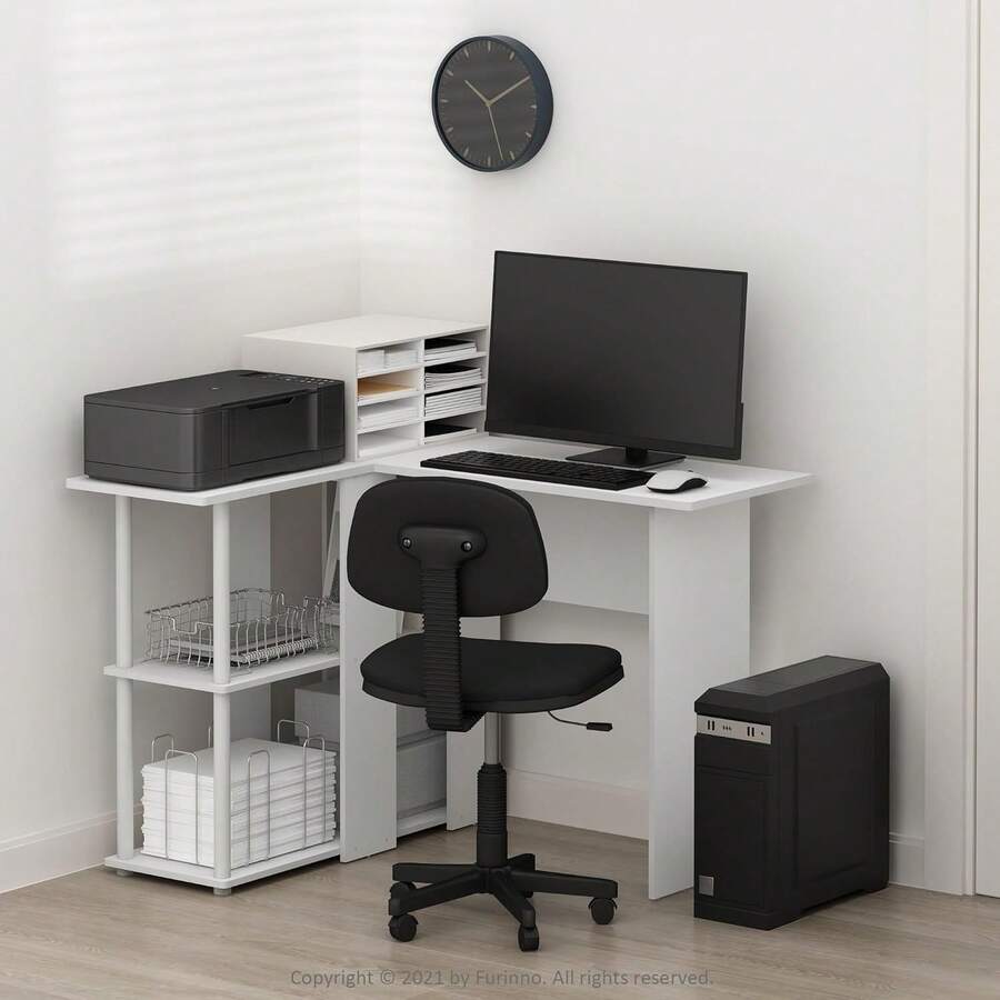 L-Shape Desk With Bookshelf, 41.14 (W) X 28.94 (H) X 34.45 (D) Inches White/White