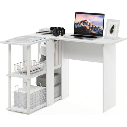 L-Shape Desk With Bookshelf, 41.14 (W) X 28.94 (H) X 34.45 (D) Inches White/White