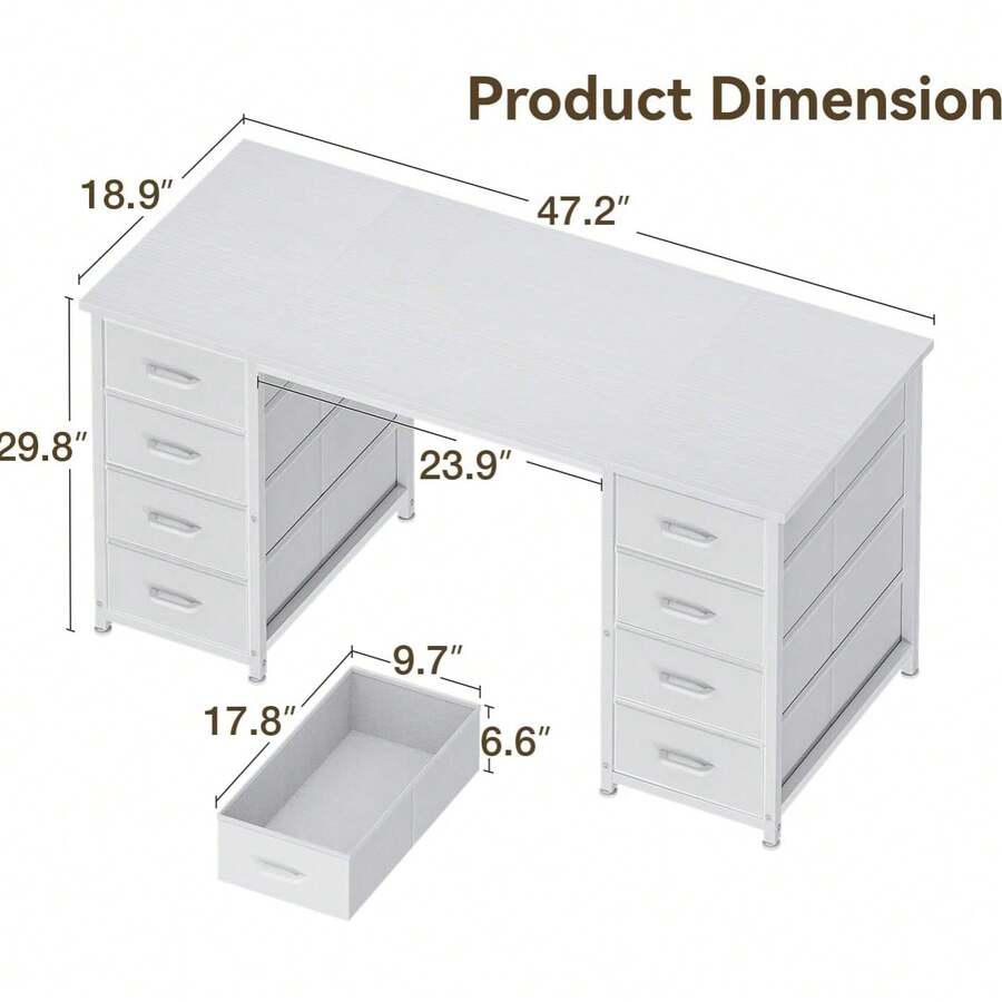 48 Inch White Computer Desk With 8 Fabric Drawers, Modern Office Desk With Large Storage For Home Office, Study, Gaming, White