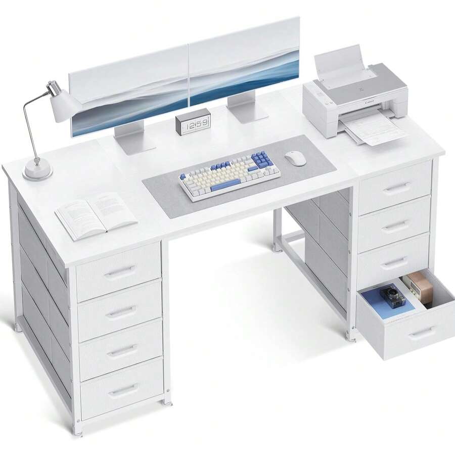 48 Inch White Computer Desk With 8 Fabric Drawers, Modern Office Desk With Large Storage For Home Office, Study, Gaming, White