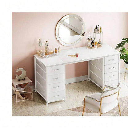 48 Inch White Computer Desk With 8 Fabric Drawers, Modern Office Desk With Large Storage For Home Office, Study, Gaming, White