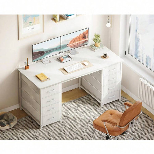 48 Inch White Computer Desk With 8 Fabric Drawers, Modern Office Desk With Large Storage For Home Office, Study, Gaming, White