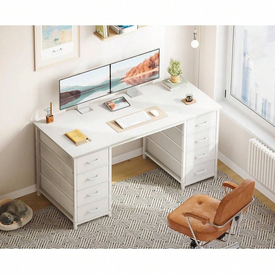 48 Inch White Computer Desk With 8 Fabric Drawers, Modern Office Desk With Large Storage For Home Office, Study, Gaming, White