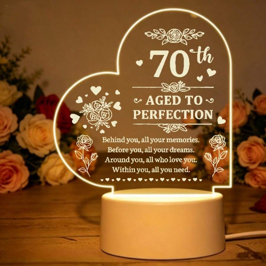 Heart Shaped Acrylic LED Night Light, Laser Engraved 70th Aged To Perfection Floral Quote USB Warm Table Lamp, Bedroom Desktop Decor Lamp, Sentimental 70th Birthday Gift For Women Men, 12cm