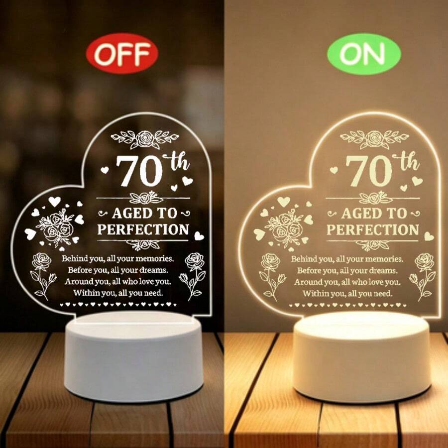 Heart Shaped Acrylic LED Night Light, Laser Engraved 70th Aged To Perfection Floral Quote USB Warm Table Lamp, Bedroom Desktop Decor Lamp, Sentimental 70th Birthday Gift For Women Men, 12cm