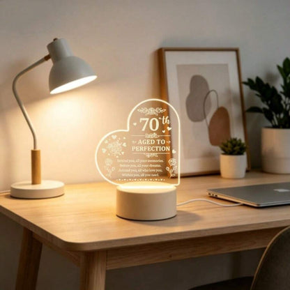 Heart Shaped Acrylic LED Night Light, Laser Engraved 70th Aged To Perfection Floral Quote USB Warm Table Lamp, Bedroom Desktop Decor Lamp, Sentimental 70th Birthday Gift For Women Men, 12cm