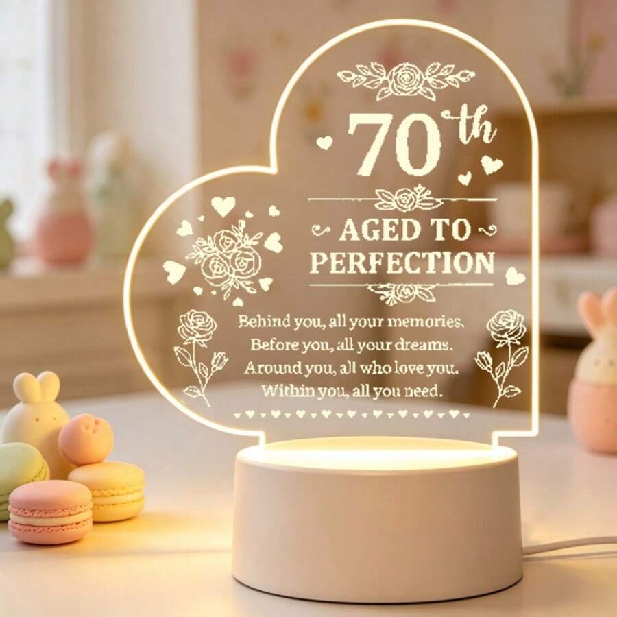 Heart Shaped Acrylic LED Night Light, Laser Engraved 70th Aged To Perfection Floral Quote USB Warm Table Lamp, Bedroom Desktop Decor Lamp, Sentimental 70th Birthday Gift For Women Men, 12cm