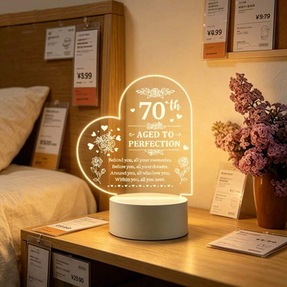 Heart Shaped Acrylic LED Night Light, Laser Engraved 70th Aged To Perfection Floral Quote USB Warm Table Lamp, Bedroom Desktop Decor Lamp, Sentimental 70th Birthday Gift For Women Men, 12cm