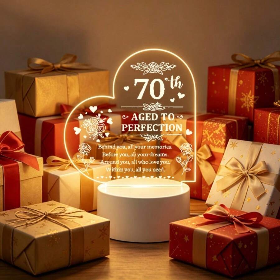 Heart Shaped Acrylic LED Night Light, Laser Engraved 70th Aged To Perfection Floral Quote USB Warm Table Lamp, Bedroom Desktop Decor Lamp, Sentimental 70th Birthday Gift For Women Men, 12cm