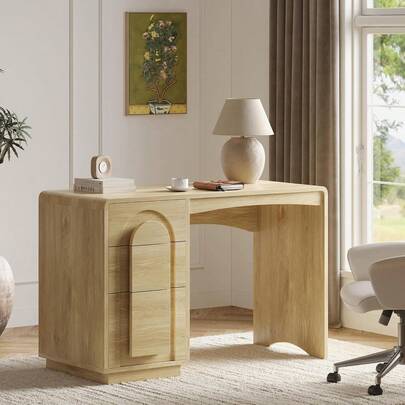 Home Office Desk With Storage Drawers, Executive Style Laptop Table For Study Room, Writing Desk For Workstation Modern Executive Furniture Natural Oak