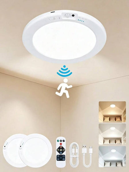 USB Powered LED Motion Ceiling Lamp Glows Softly At Footsteps, Fully Tunable By Remote. Three Light Hues Emit Misty Gentle Radiance, Wrapping Bedrooms, Closets And Hallways In Calm Night Vibes Without Messy Wiring.