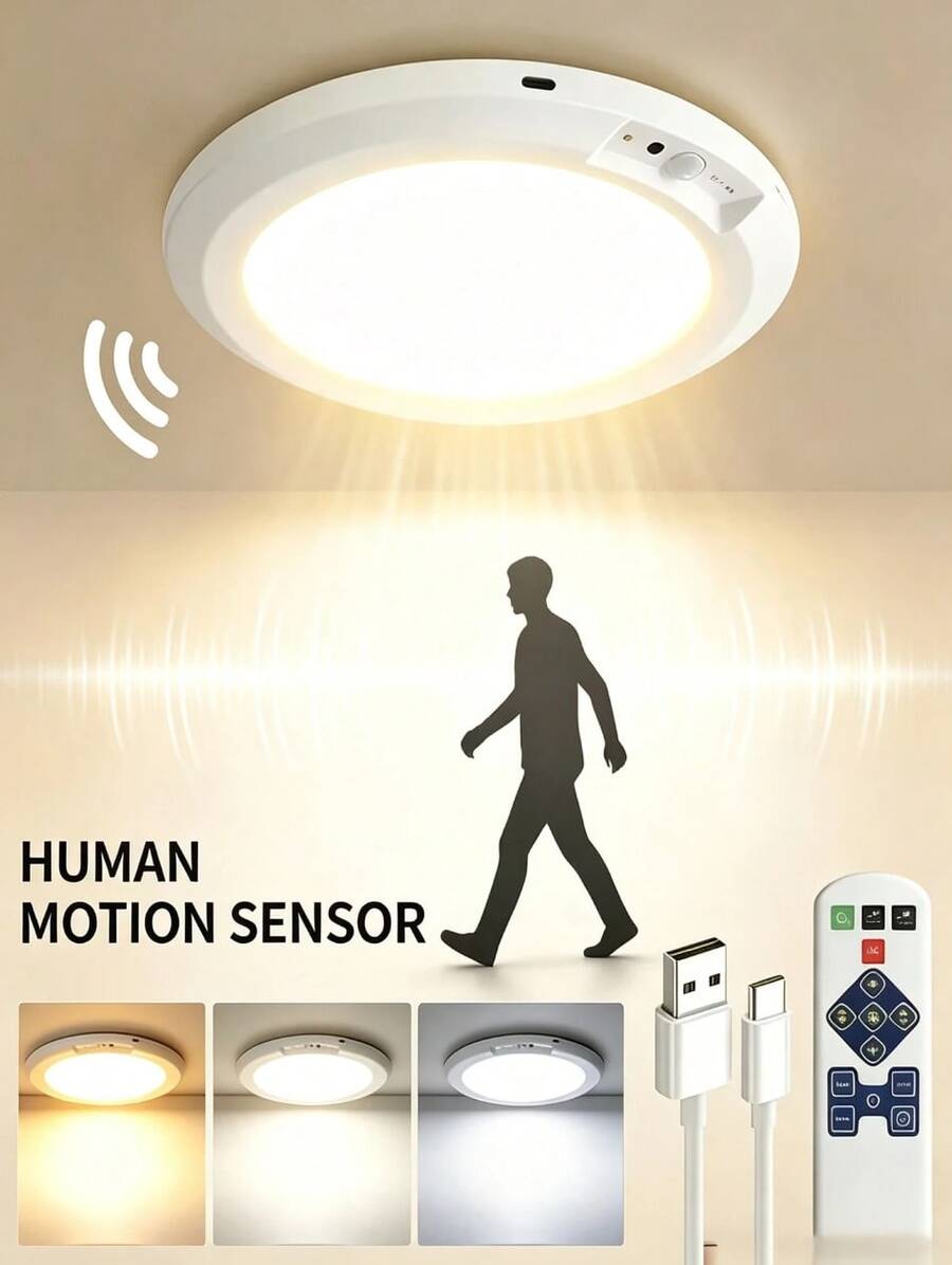 USB Powered LED Motion Ceiling Lamp Glows Softly At Footsteps, Fully Tunable By Remote. Three Light Hues Emit Misty Gentle Radiance, Wrapping Bedrooms, Closets And Hallways In Calm Night Vibes Without Messy Wiring.