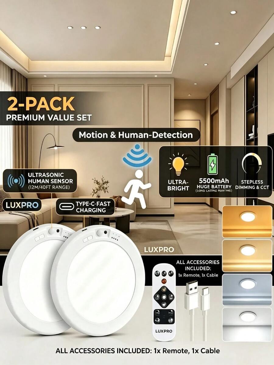 USB Powered LED Motion Ceiling Lamp Glows Softly At Footsteps, Fully Tunable By Remote. Three Light Hues Emit Misty Gentle Radiance, Wrapping Bedrooms, Closets And Hallways In Calm Night Vibes Without Messy Wiring.