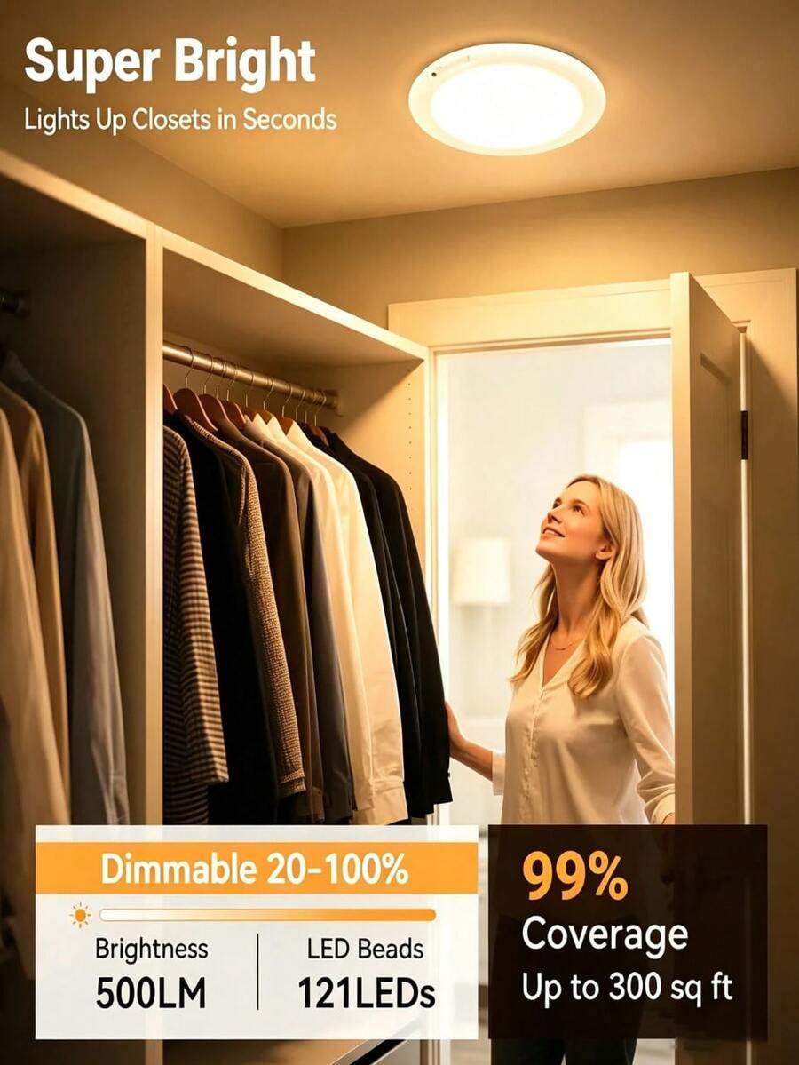 USB Powered LED Motion Ceiling Lamp Glows Softly At Footsteps, Fully Tunable By Remote. Three Light Hues Emit Misty Gentle Radiance, Wrapping Bedrooms, Closets And Hallways In Calm Night Vibes Without Messy Wiring.