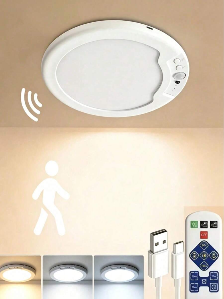 USB Powered LED Motion Ceiling Lamp Glows Softly At Footsteps, Fully Tunable By Remote. Three Light Hues Emit Misty Gentle Radiance, Wrapping Bedrooms, Closets And Hallways In Calm Night Vibes Without Messy Wiring.