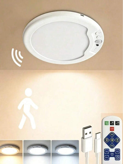 USB Powered LED Motion Ceiling Lamp Glows Softly At Footsteps, Fully Tunable By Remote. Three Light Hues Emit Misty Gentle Radiance, Wrapping Bedrooms, Closets And Hallways In Calm Night Vibes Without Messy Wiring.