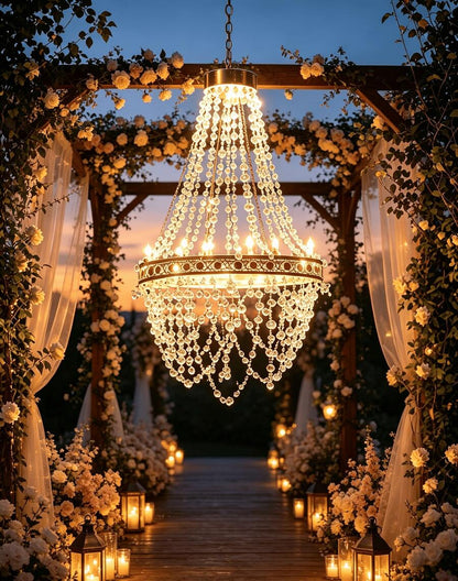 1pc Solar Crystal Beaded Hanging Chandelier, Waterproof Rainproof Outdoor LED Lamp, Warm Soft Glow, Perfect Ornament For Wedding Ceremony, Garden, Yard, Pergola, Backyard Dinner Party, Festival & Romantic Celebration Decor